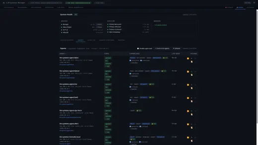 Admin console: system health and every registered agent thumbnail