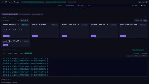 LLM Control — LM Studio: load and unload LM Studio models, control the server, and tail its log thumbnail