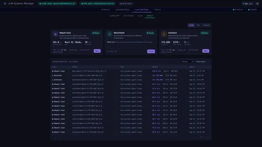 Tools launcher: Report Card, Benchmark and Autotune as in-tab modules, with a fleet-wide run ledger underneath thumbnail