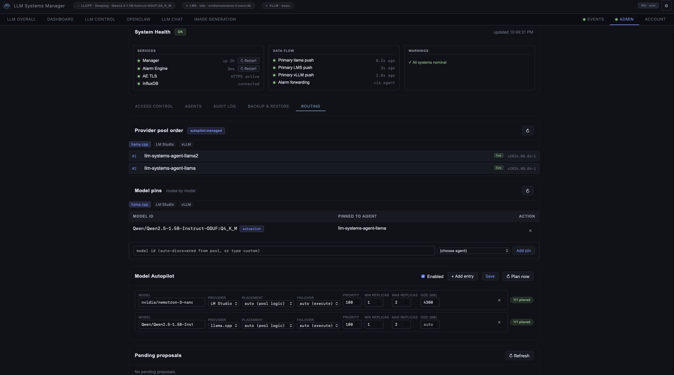 Admin console — routing and Model Autopilot