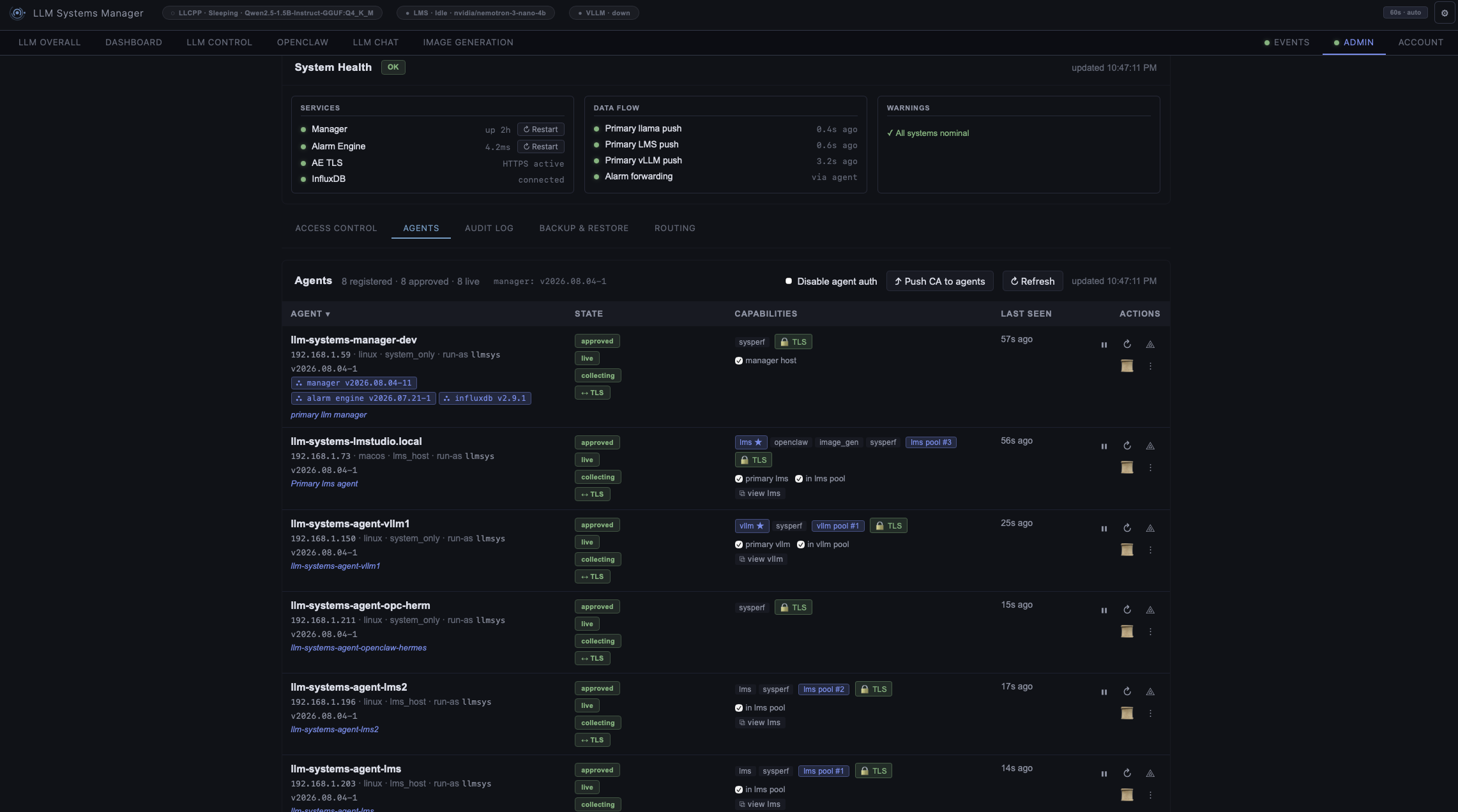 Admin console — agents